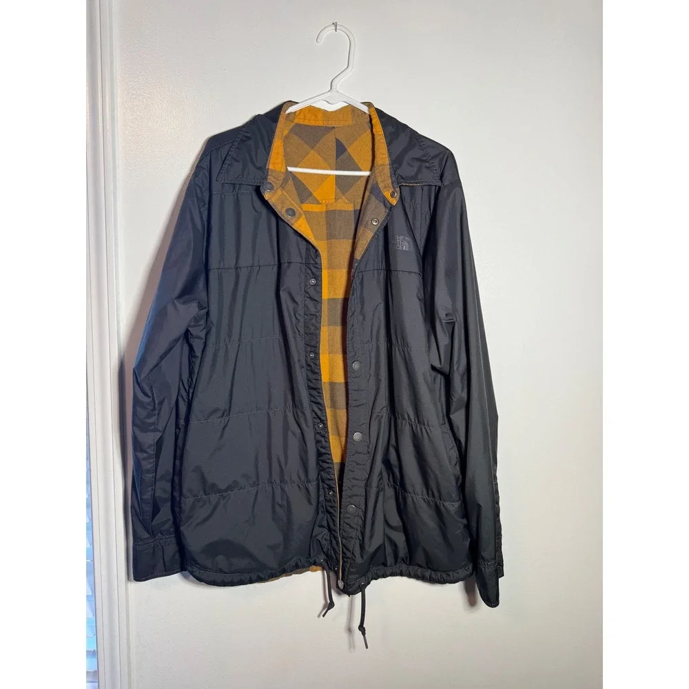 The North Face Reversible Quilted Jacket Mens Black Yellow Buffalo Plaid Flannel
